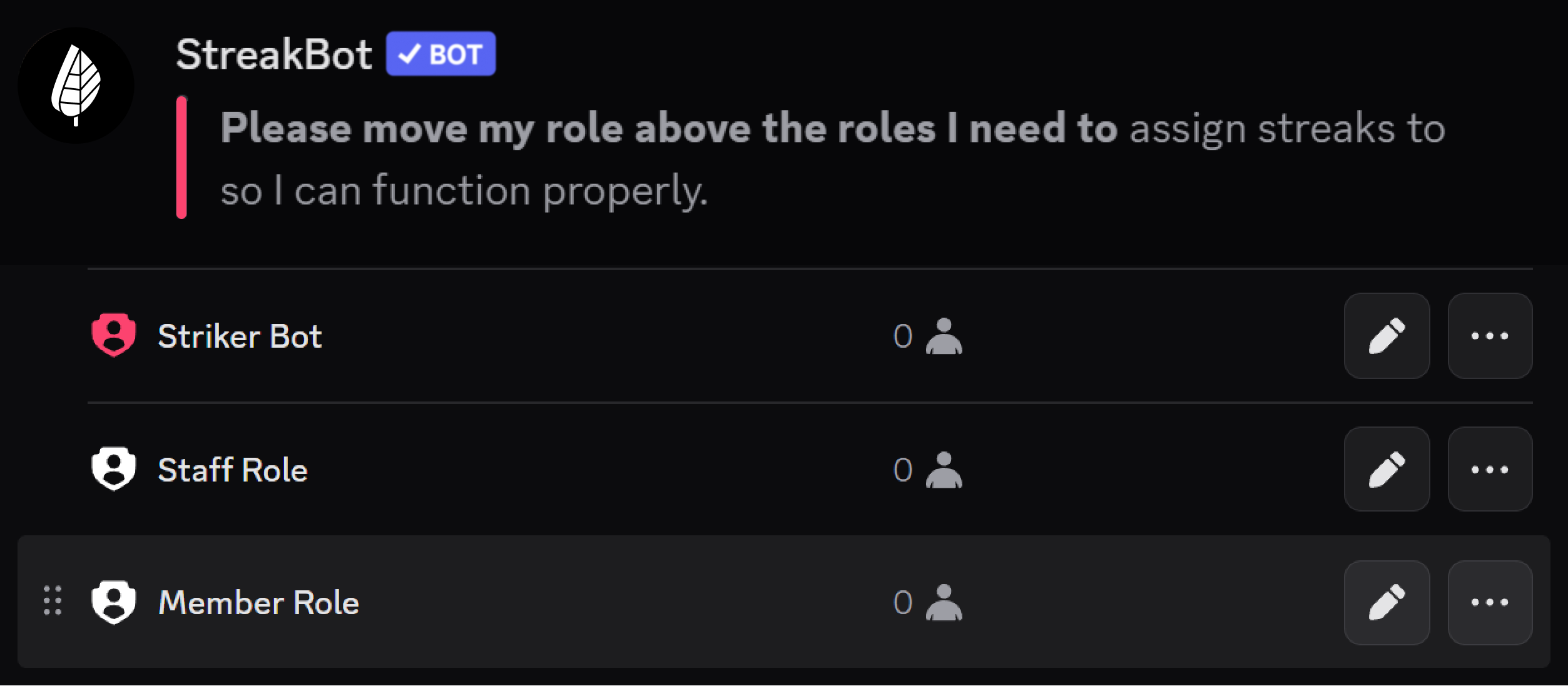 StreakBot role setup in Discord
